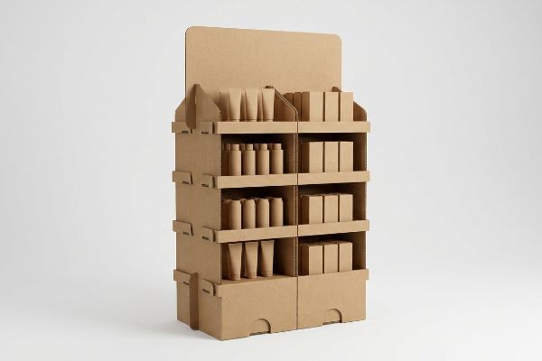 A sturdy corrugated cardboard retail display features multiple shelves stocked with unbranded brown tubes, bottles, and boxes.