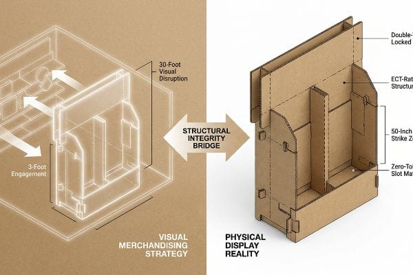 Schéma d'affichage en carton ondulé illustrant la stratégie de merchandising visuel et la réalité de l'affichage physique, mettant en évidence une structure à double verrouillage, certifiée ECT, une zone de frappe de 50 pouces et une matrice de fentes à tolérance zéro.