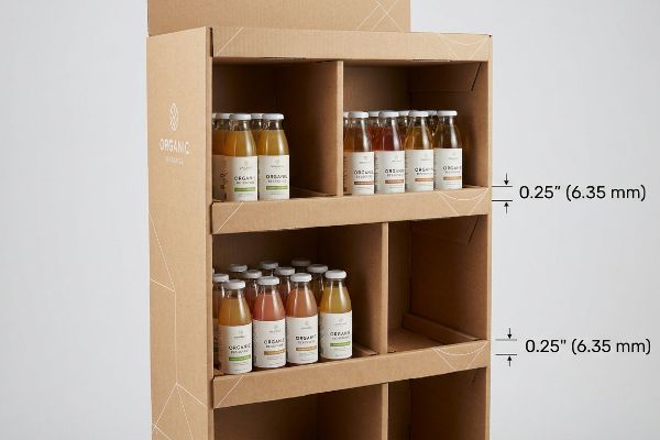Natural brown corrugated display with modular dividers, showcasing Organic beverages and 0.25-inch (6.35 mm) structural spacing.