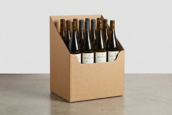 Brown corrugated cardboard point of purchase display holding 12 premium wine bottles with a die-cut swoop for Benton Lane and Roseson label visibility.