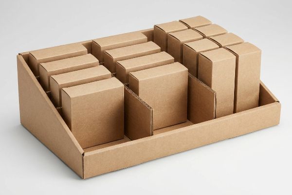 Brown corrugated cardboard display tray with modular dividers holding multiple kraft retail packaging boxes, showcasing optimal product spacing.