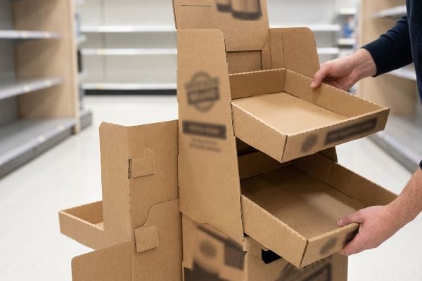 Hands assembling a brown corrugated POP-up display, inserting empty modular trays in a retail store.