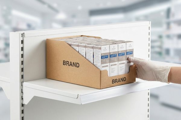 Brown corrugated 'Brand' display tray, stocked with shelf-ready white product boxes by a gloved hand.