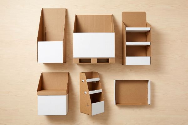 Six distinct empty cardboard retail display units, including floor stands, countertop units, and pallet builds, on a light wooden background.