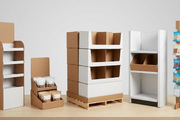 Kraft and white corrugated retail displays: multi-shelf floor unit, countertop tray with snacks, and stacked pallet bins on a wooden pallet.
