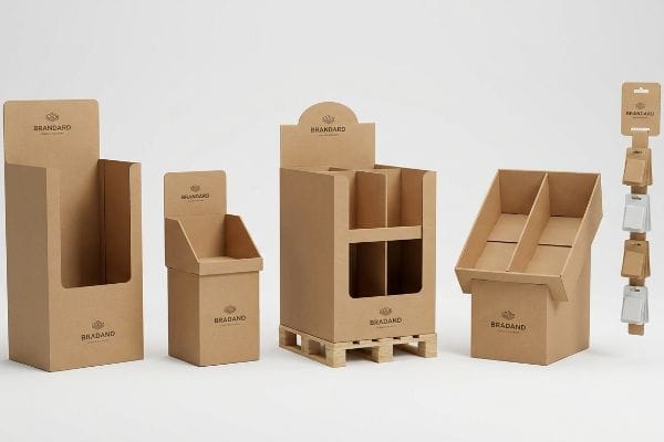 Natural brown corrugated cardboard BRANDARD POP displays, including floor, countertop, pallet, and clip strip merchandisers.