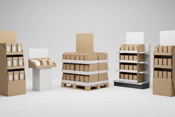 Kraft corrugated cardboard displays including floor stands, a countertop unit, a pallet display, and shelf merchandisers filled with brown product boxes.