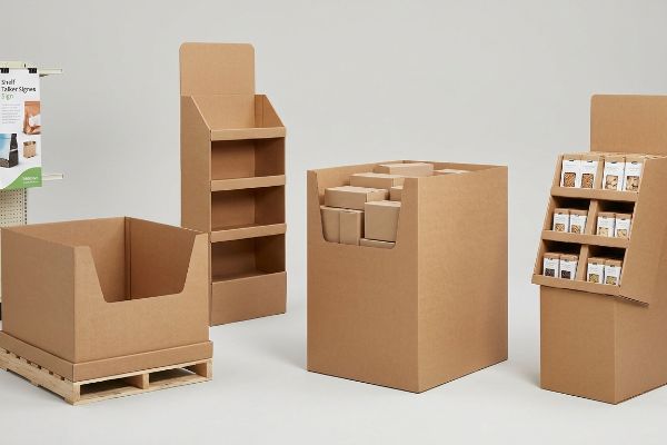 Various corrugated cardboard displays: a pallet merchandiser, floor bin, two countertop units, and a Shelf Talker Signs display.
