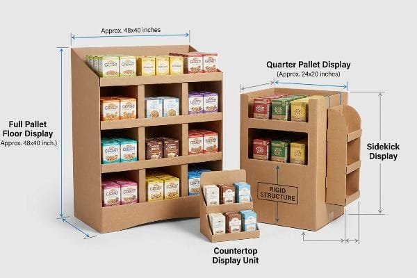 Corrugated cardboard displays: Full Pallet Floor (48x40 inches), Quarter Pallet (24x20 inches) with Sidekick, and Countertop Unit, emphasizing Rigid Structure.