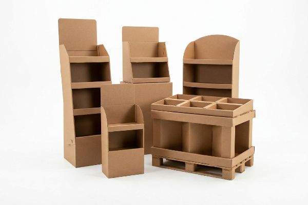 Brown corrugated cardboard retail displays: floor merchandisers, countertop units, and a pallet structure, showcasing diverse POP solutions.