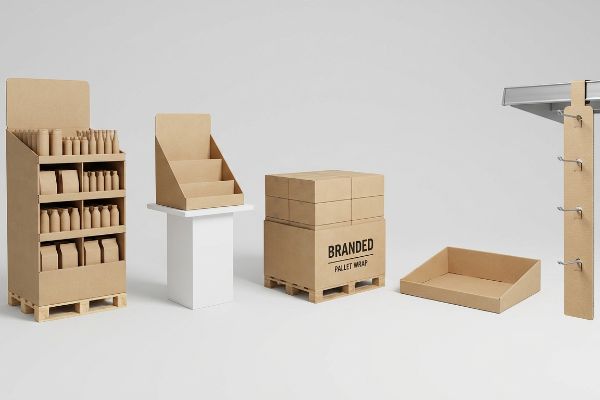 Natural kraft cardboard retail displays: floor merchandiser, countertop unit, Branded Pallet Wrap boxes, shelf tray, and clip strip.