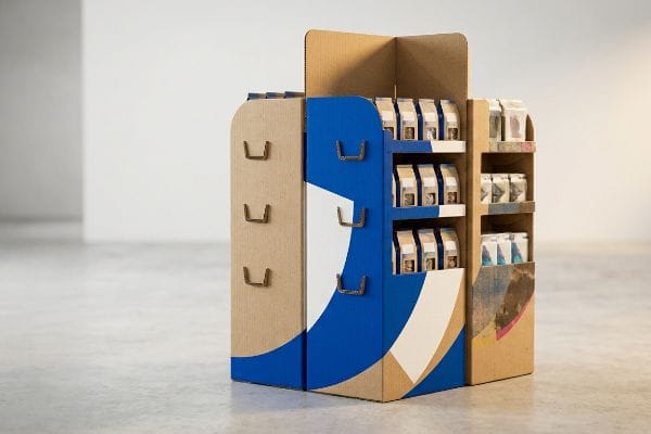 Présentoir de tête de gondole en carton ondulé orné de graphismes abstraits bleus et blancs, présentant plusieurs étagères de produits emballés.