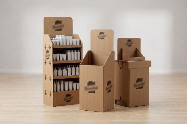 Showcasing retail merchandising, three corrugated cardboard display units stand on a wooden floor, one filled with white products, two empty.
