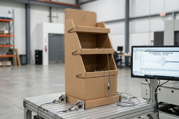 Brown corrugated cardboard display undergoing ISTA 3A Protocol Vibration Test on a kinetic transit simulation table, showing sensors.