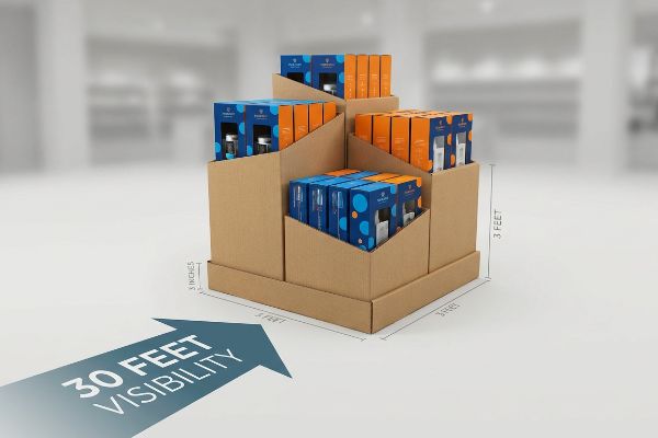 Brown corrugated cardboard tiered display with blue and orange product boxes, featuring a