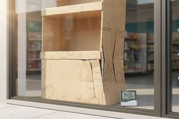 Warped corrugated display in a storefront window with a thermometer showing 143.6°F, demonstrating greenhouse effect.