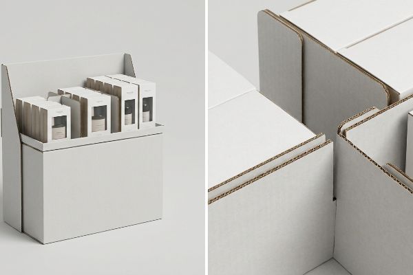 White corrugated quarter pallet display with modular dividers, holding small product boxes, highlighting the raw brown edges of the cardboard.