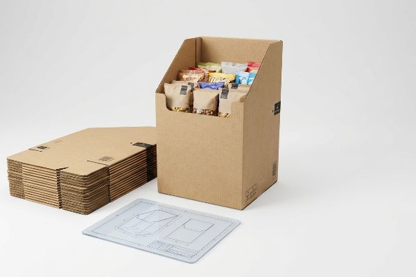 A corrugated cardboard dump bin display filled with snack pouches, alongside a stack of flat-pack components and a design blueprint.
