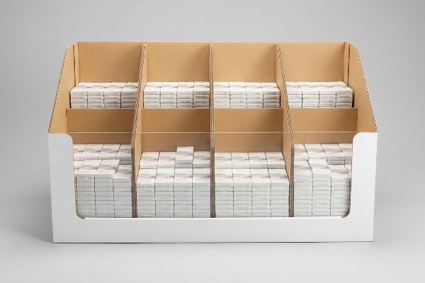 White and brown corrugated cardboard dump bin with internal dividers, neatly organizing stacks of small retail products for a clean display.