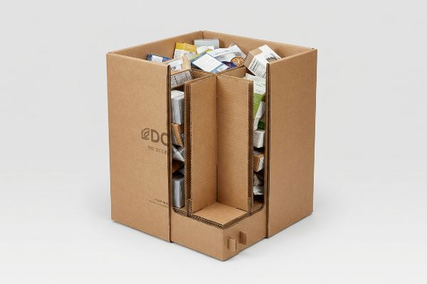 Brown corrugated cardboard dump bin with an internal H-divider, filled with various packaged items, featuring the EDO logo.
