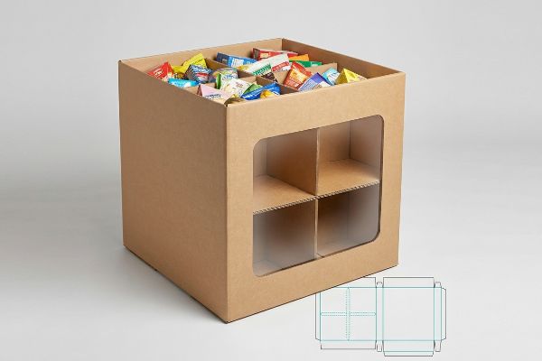 Brown corrugated dump bin display with an internal H-divider, filled with colorful snack bags, and its die-line blueprint.
