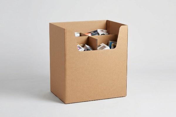 Brown corrugated dump bin featuring an internal H-divider for robust load distribution, filled with diverse small retail products.