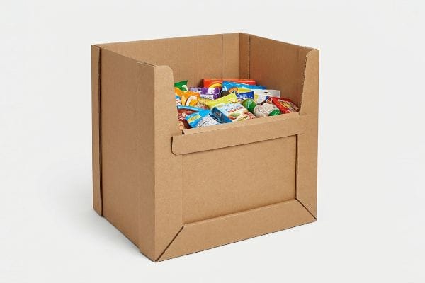 Collations de poubelle en carton Rempli de snacks emballés de couleurs variées, un présentoir en carton ondulé brun favorise les achats impulsifs.