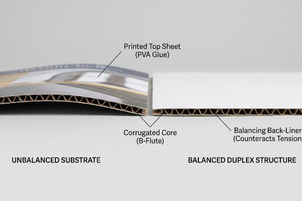 Corrugated B-flute cross-section: warped Unbalanced Substrate (PVA Glue) compared to flat Balanced Duplex Structure with Balancing Back-Liner.