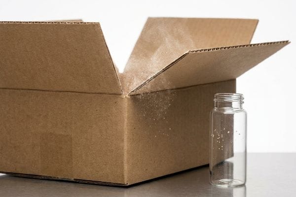 Brown corrugated box shedding microscopic cellulose dust particles above a clear glass vial.
