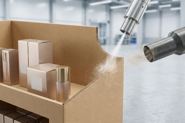 Corrugated cardboard display with cosmetic products, showing dust removal by industrial air knife and vacuum extraction.