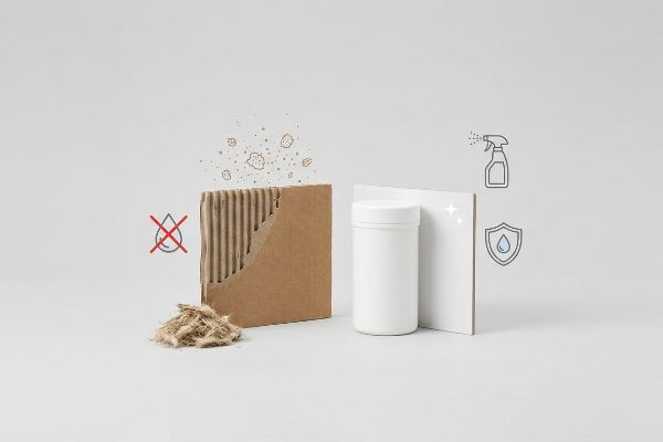 Corrugated cardboard dust, moisture issues vs. clean, non-porous white surface, cleaning, water protection symbols.