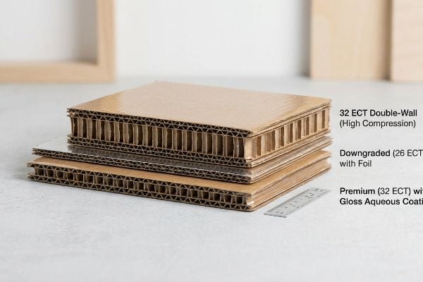 Corrugated cardboard samples: 32 ECT Double-Wall (High Compression), 26 ECT with Foil, and Premium 32 ECT with Gloss Aqueous Coating.