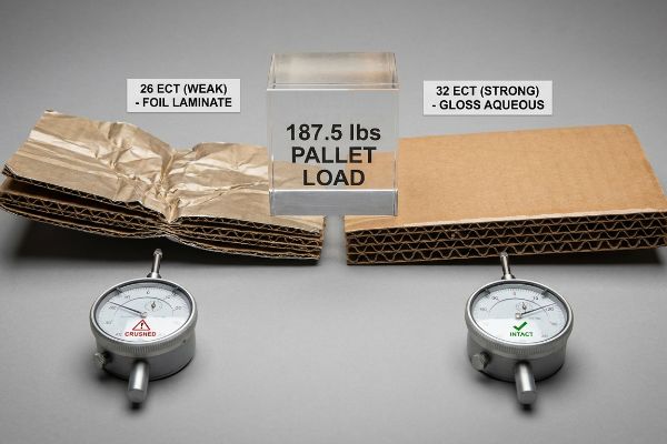 A comparison shows 26 ECT Foil Laminate corrugated board crushed under a 187.5 lbs Pallet Load, contrasted with 32 ECT Gloss Aqueous board remaining Intact.