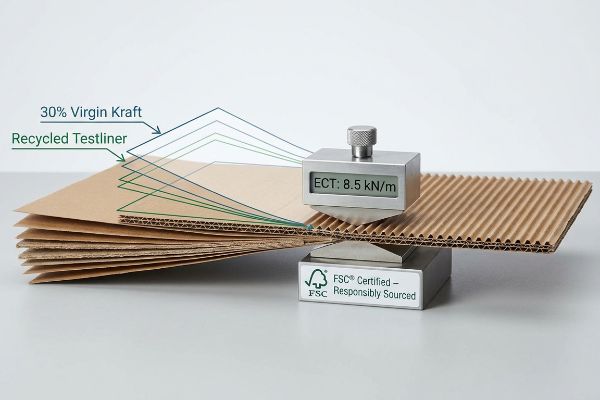 Corrugated board with 30% Virgin Kraft and Recycled Testliner undergoing an ECT of 8.5 kN/m, displaying an FSC Certified label.