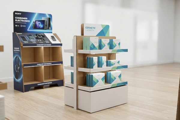 Two distinct corrugated cardboard retail displays, one for Sony Consumer Electronics and another for Cosmetic Growth products.