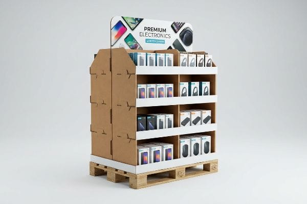 Présentoir à palettes pour produits électroniques Présentoir sur palette en carton ondulé avec en-tête « Édition limitée électronique premium », rempli de divers produits électroniques.