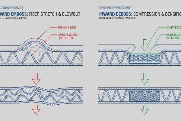 Corrugated packaging analysis diagram comparing Inward Emboss fiber stretch and blowout with Inward Deboss compression and reinforced geometry.