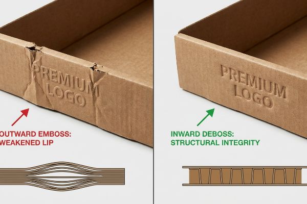 Corrugated cardboard trays: Outward Emboss weakens lip for Premium Logo; Inward Deboss maintains structural integrity.