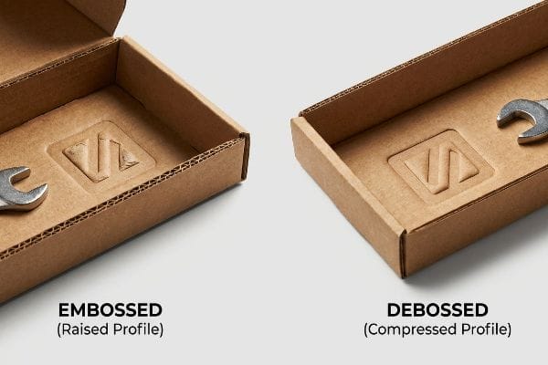 Corrugated cardboard boxes demonstrating Embossed (Raised Profile) and Debossed (Compressed Profile) logos with wrenches.