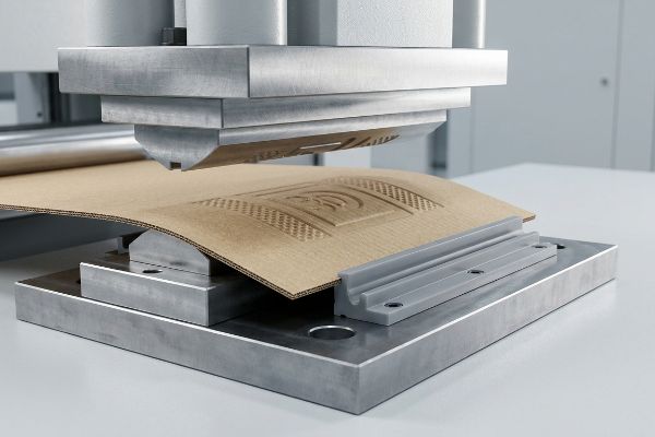 Brown corrugated board embossed by a metal male die and polymer matrix anvil, forming a precise textured pattern.