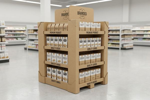 Brown corrugated cardboard end-of-aisle display in a supermarket, showcasing 'Branded' 'Premium Product' and 'Quality Goods' boxes.