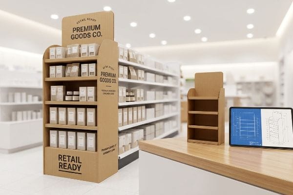 A retail store displays a 'Retail Ready' corrugated end cap for Premium Goods Co., with a tablet showing blueprints.