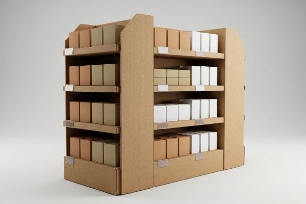 Présentoir d'extrémité en carton Présentoir de tête de gondole en carton ondulé avec plusieurs étagères remplies de boîtes brunes et blanches unies pour la vente au détail.