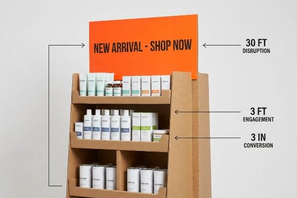 Brown corrugated cardboard endcap display with 'New Arrival - Shop Now' header, showing 30 Ft Disruption, 3 Ft Engagement, 3 In Conversion.