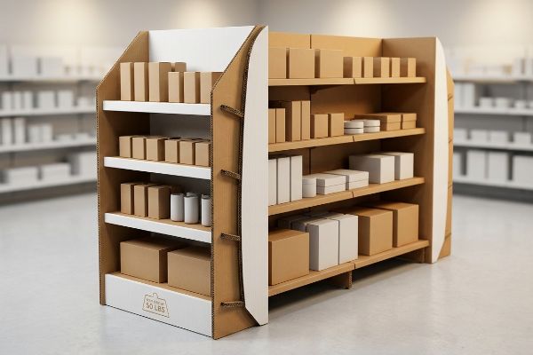 A sturdy corrugated cardboard endcap display with multiple shelves holds various brown and white packaging boxes, featuring a 'Max Weight 50 Lbs' label.