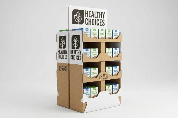 Kraft corrugated endcap display for Healthy Choices organic snacks, designed with 30-Foot View branding and 85% product visibility.