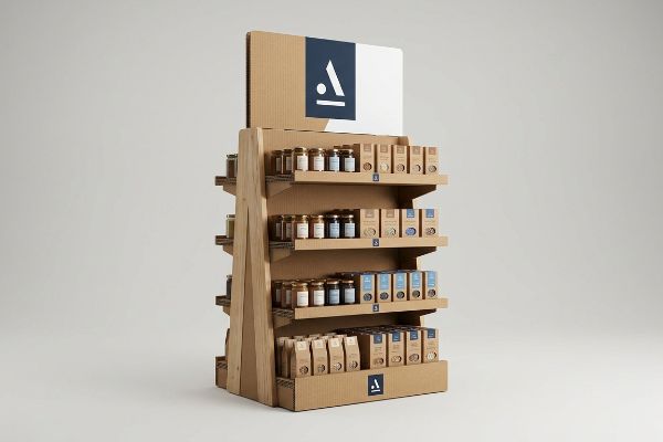 Promotional endcap display, constructed from natural corrugated cardboard, features four shelves of branded jars and boxes, with an 'A' logo.