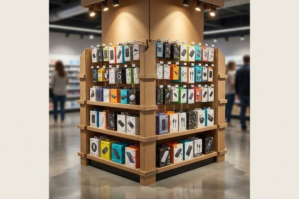 An impressive corrugated cardboard endcap display showcasing diverse packaged electronic accessories in a bustling retail store.