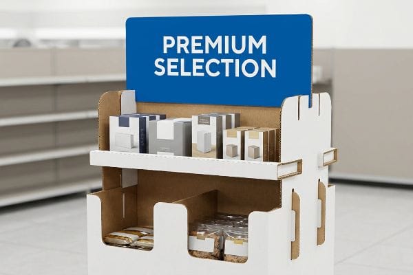 Corrugated cardboard endcap display featuring a blue header with 'Premium Selection', holding product boxes and snack bags in a retail aisle.