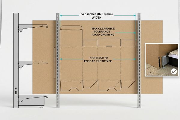 A detailed diagram illustrates a Corrugated Endcap Prototype with a 34.5 inches (876.3 mm) width, demonstrating Max Clearance Tolerance to Avoid Crushing within gondola shelving metal brackets.